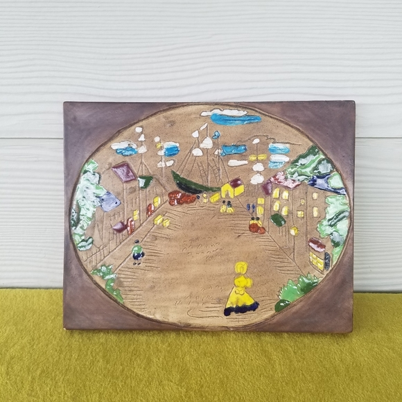Vintage 70s Ceramic Tile Old Wold Harbor Town Scene Vtg Whimsical Unique Decor - Picture 3 of 9